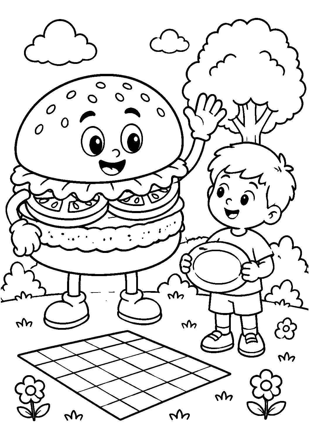 Menino com hambúrguer gigante, desenho para colorir em A4 retrato