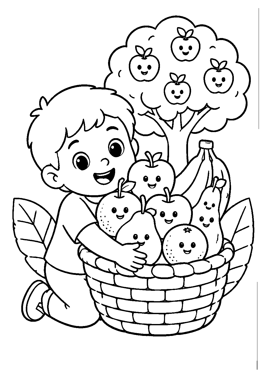 Menino com cesta de frutas, desenho para colorir em A4 retrato