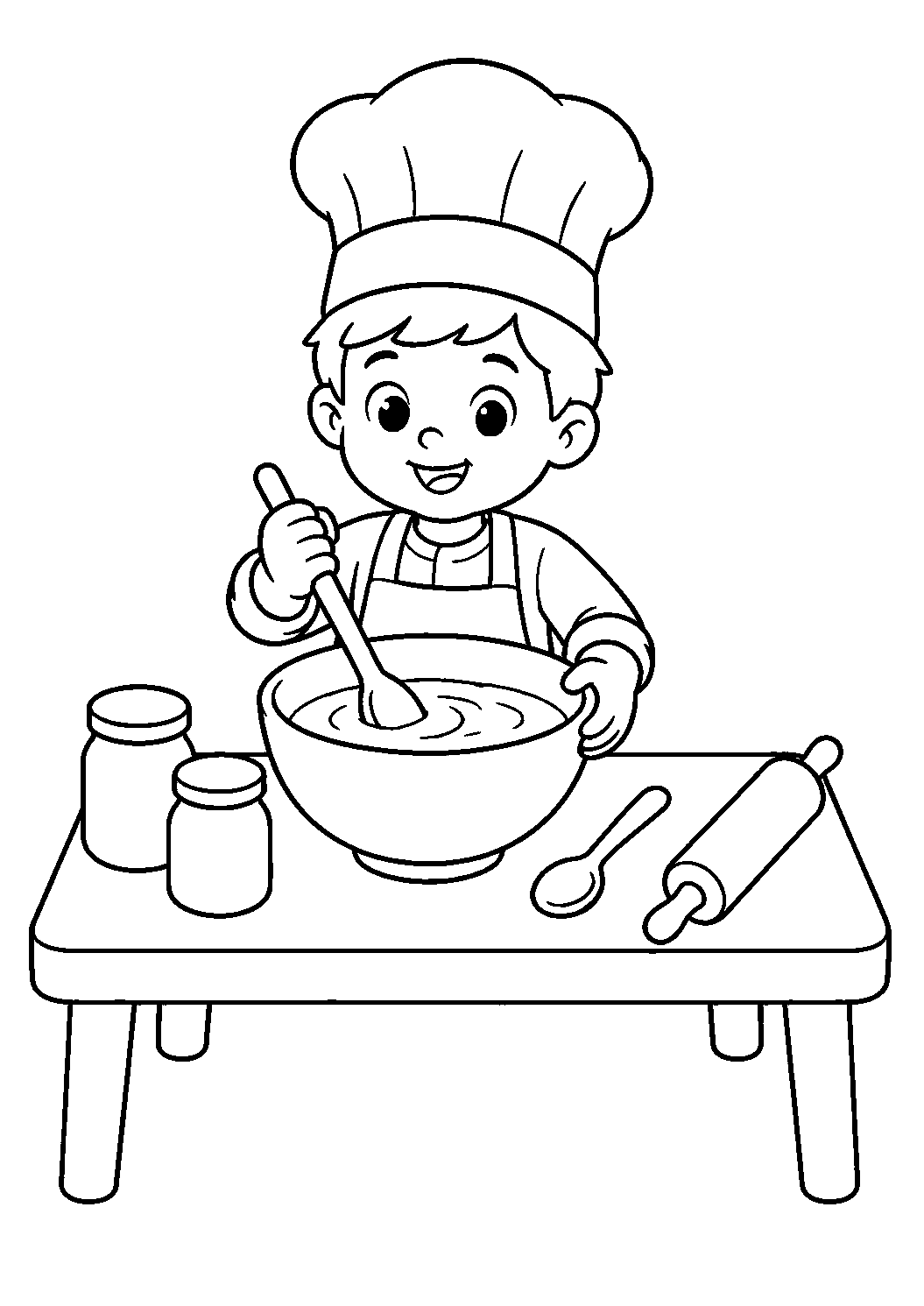 Pequeno chef preparando massa, desenho para colorir em A4 retrato