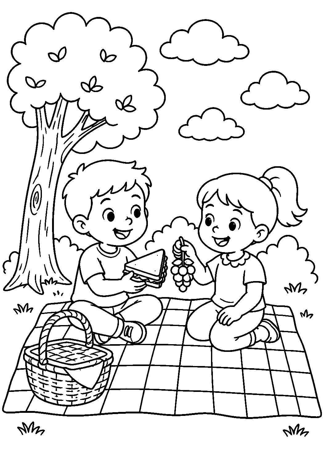 Crianças fazendo piquenique, desenho para colorir em A4 retrato
