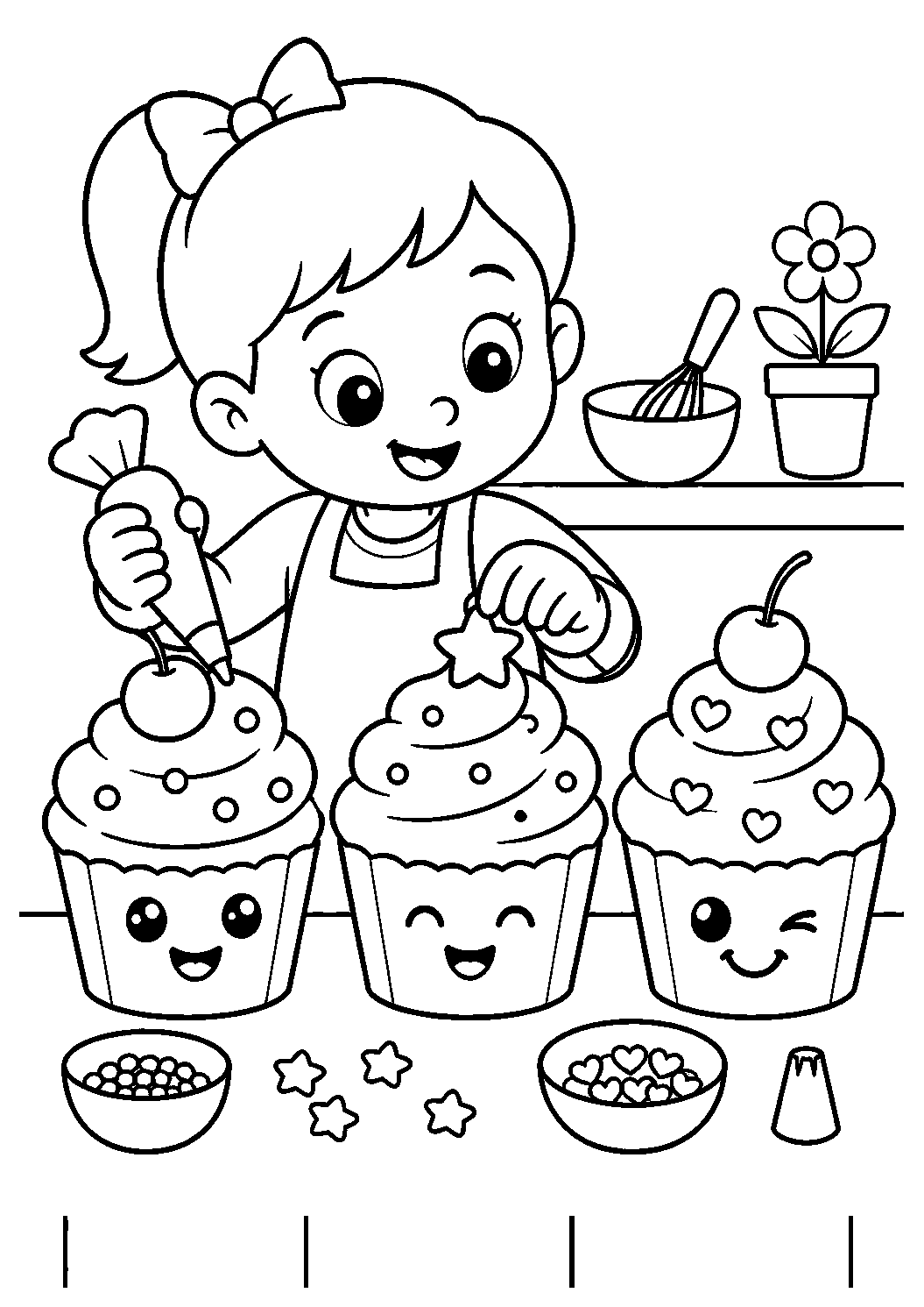 Menina decorando cupcakes, desenho para colorir em A4 retrato