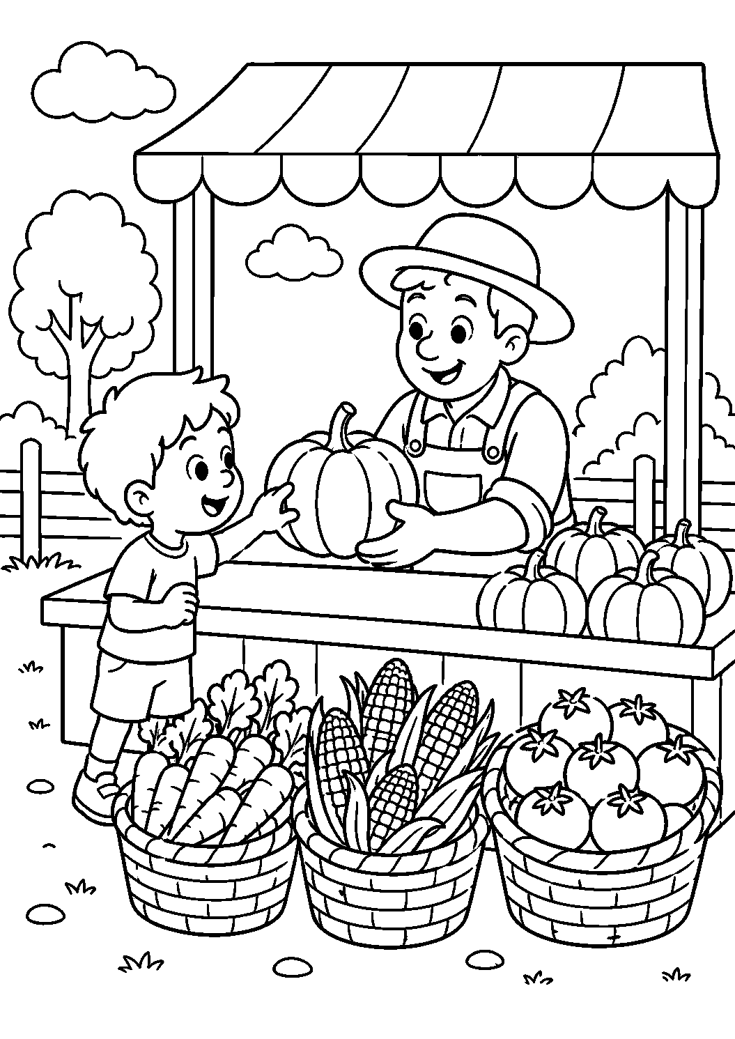 Menino na feira de legumes, desenho para colorir em A4 retrato