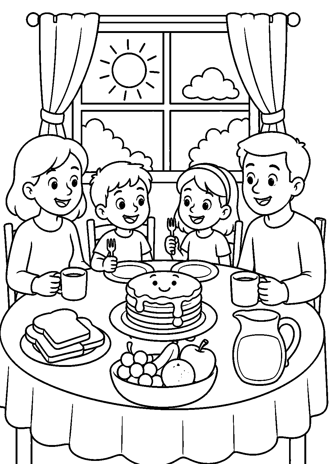 Família no café da manhã, desenho para colorir em A4 retrato
