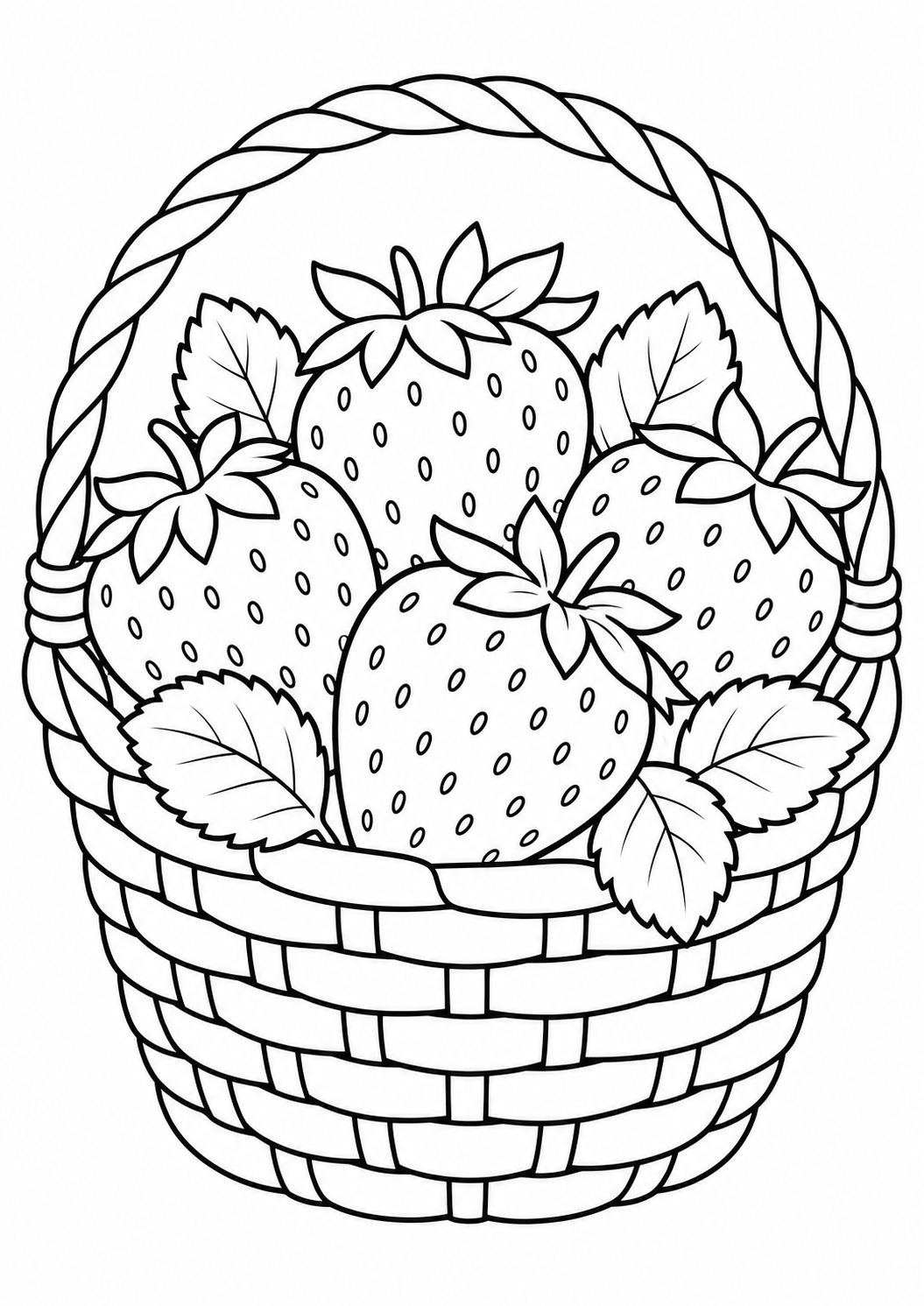 Cesta com morangos grandes e folhas simples, desenho para colorir em A4 retrato