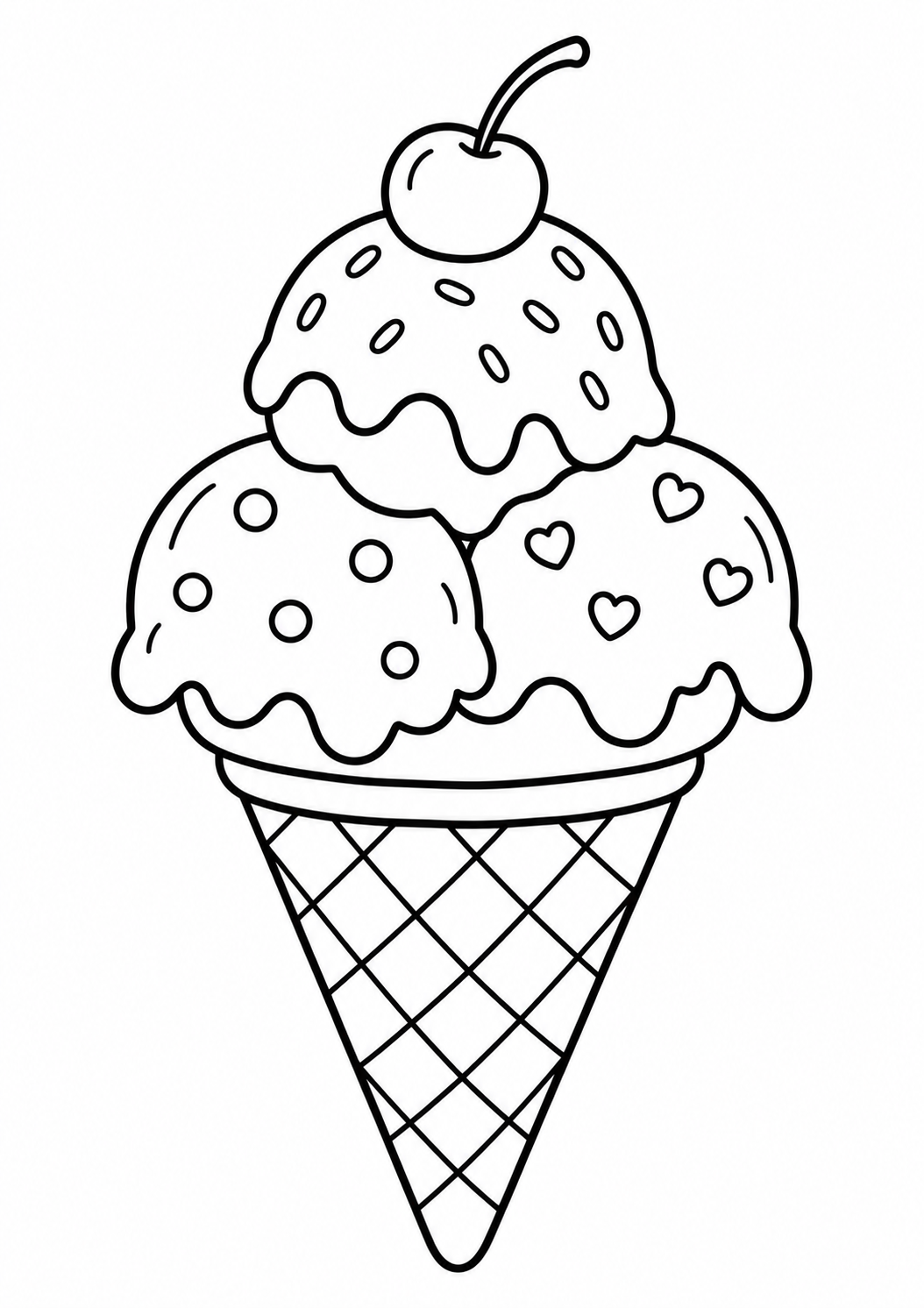 Casquinha de sorvete com três bolas e cereja, desenho para colorir em A4 retrato
