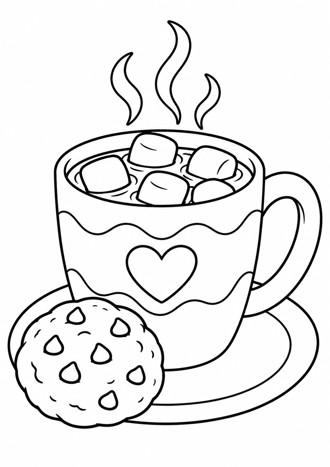 Xícara de chocolate quente com marshmallows e um biscoito, desenho para colorir em A4 retrato