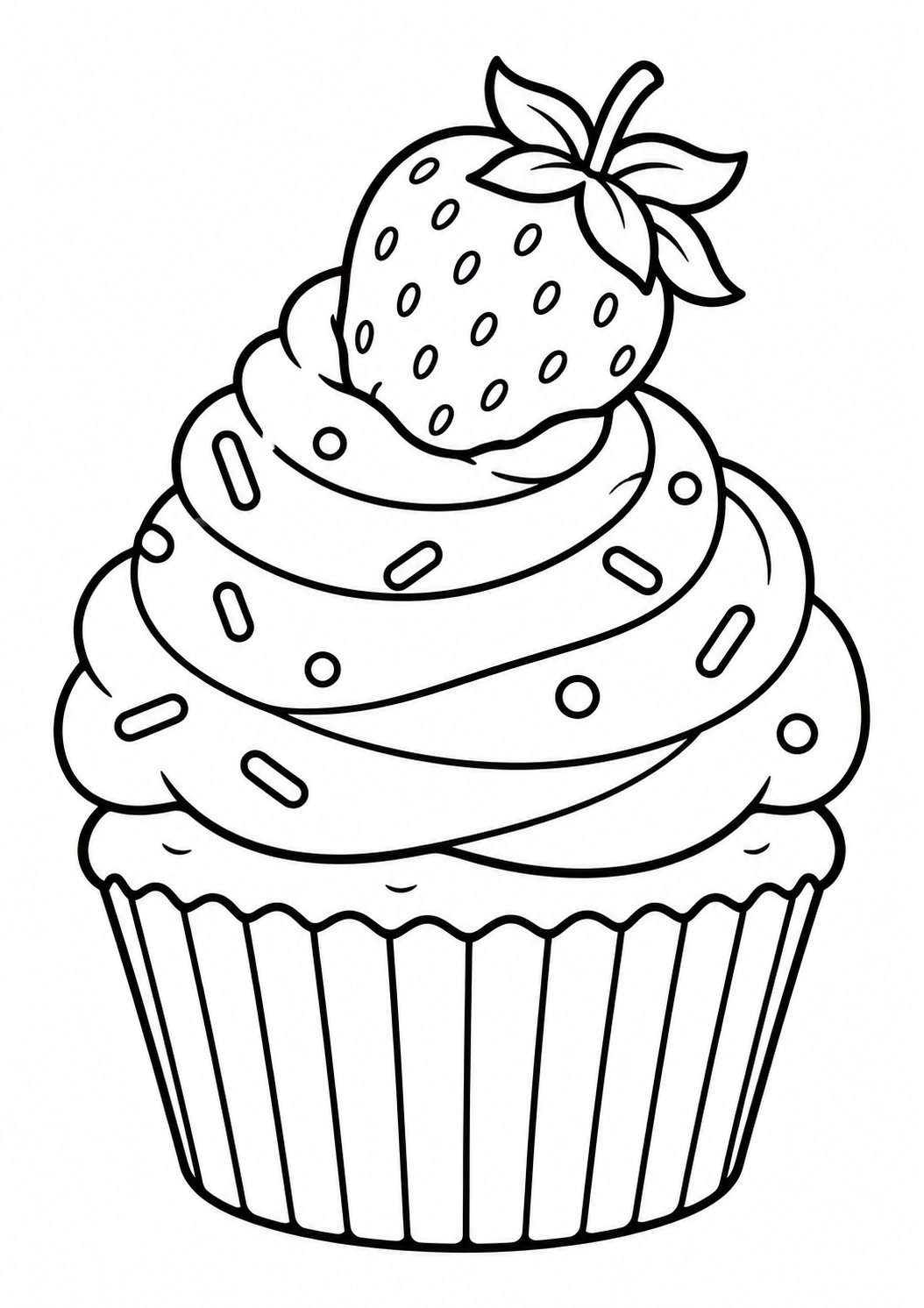 Cupcake com cobertura espiral e morango, desenho para colorir em A4 retrato