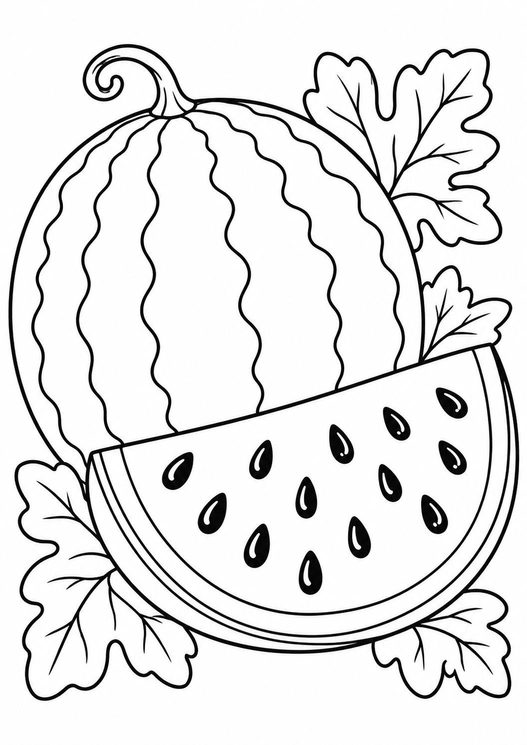 Melancia aberta com sementes grandes e folhas, desenho para colorir em A4 retrato