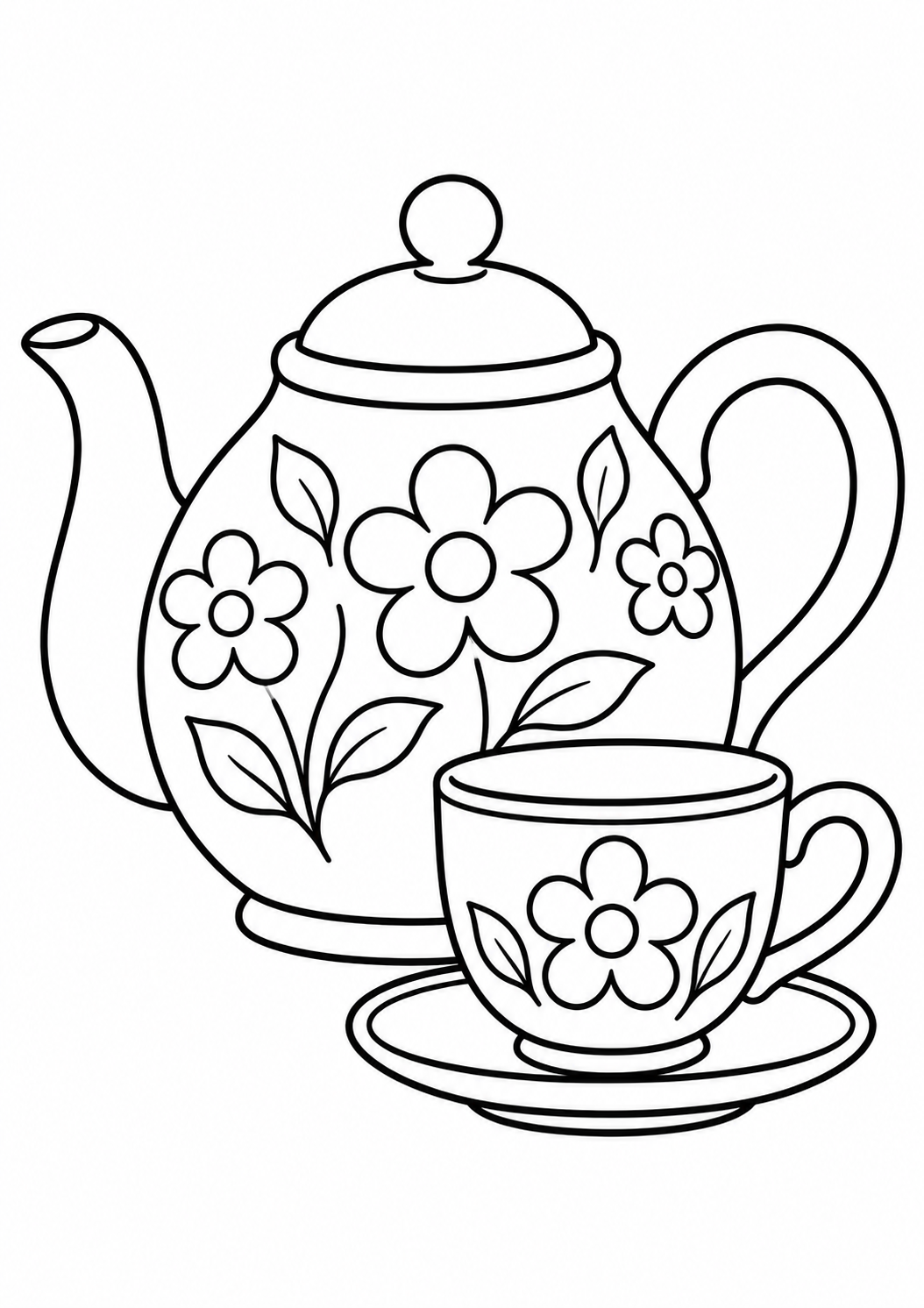 Chaleira com flores desenhadas ao lado de uma xícara, desenho para colorir em A4 retrato