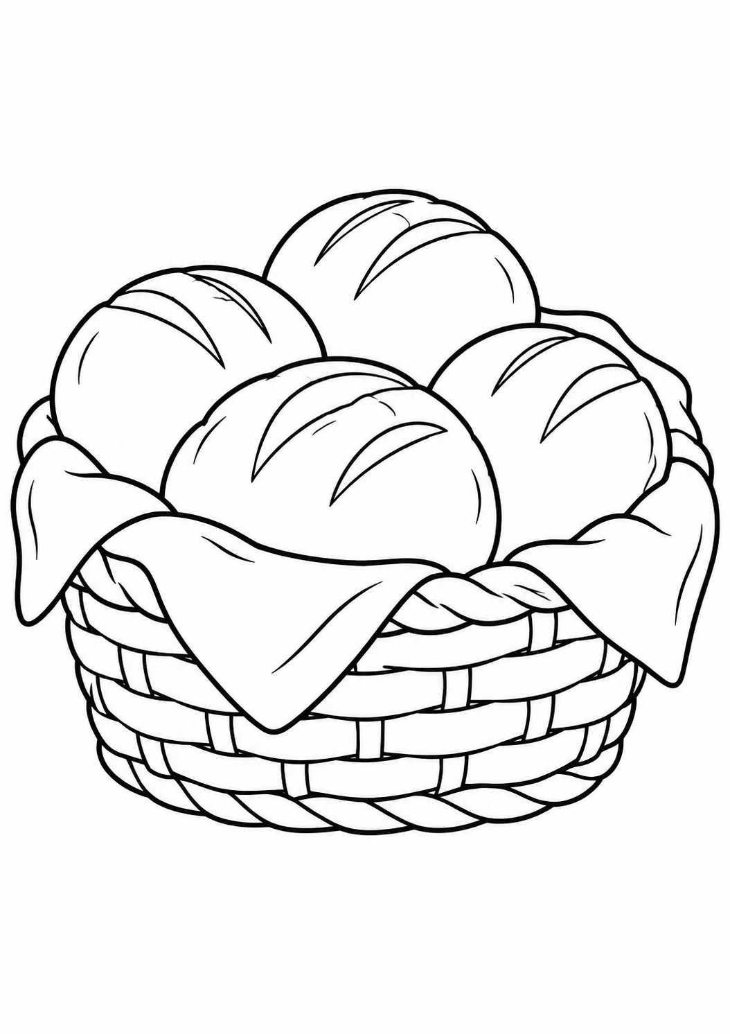 Pão redondo recém-assado numa cesta com guardanapo, desenho para colorir em A4 retrato