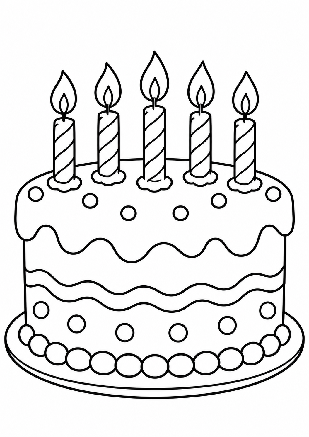 Bolo de aniversário com cinco velas sem números, desenho para colorir em A4 retrato