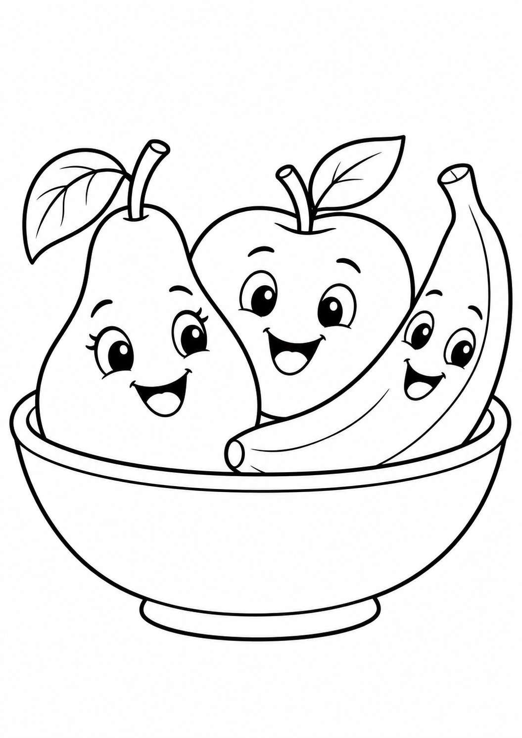 Pera sorridente junto a maçã e banana numa tigela, desenho para colorir em A4 retrato